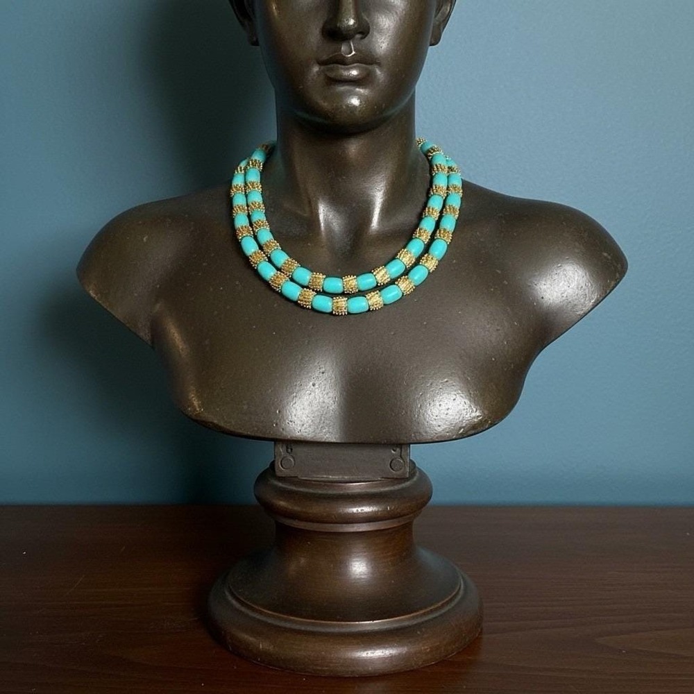 Trifari Vintage Gold Plated Green Blue Beads Multistrand Necklace Signed Twice